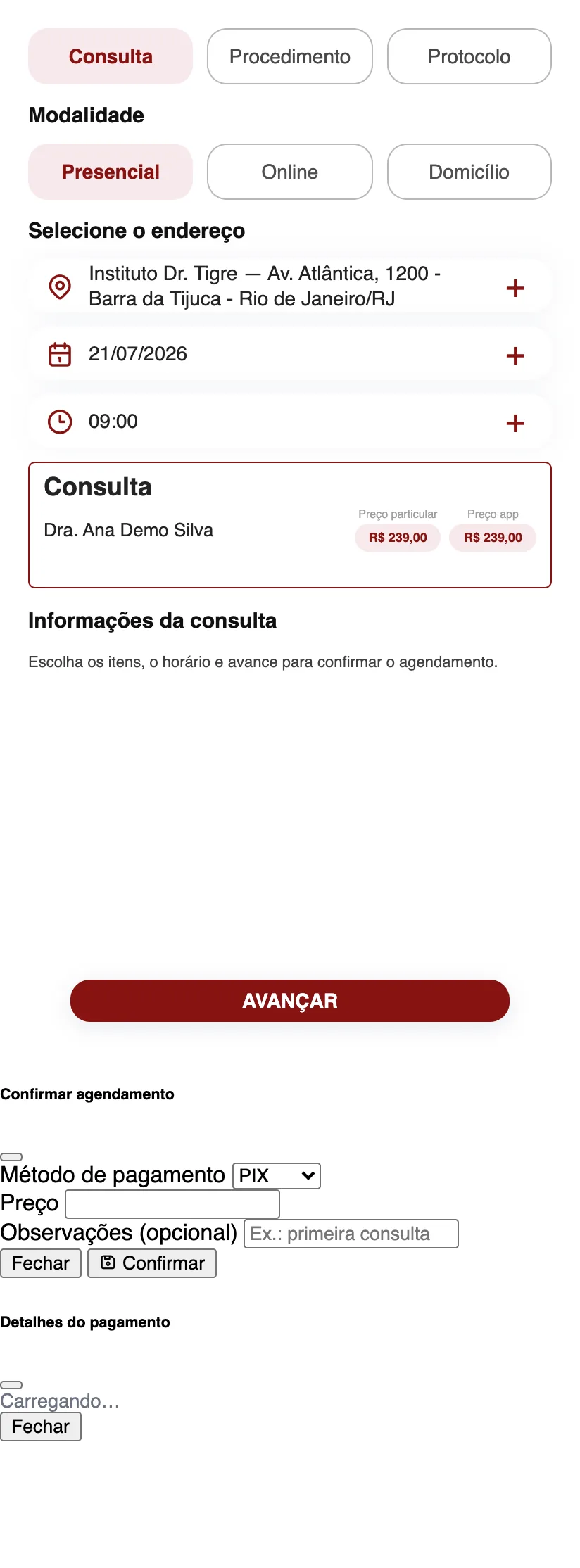 Tela da jornada de agendamento